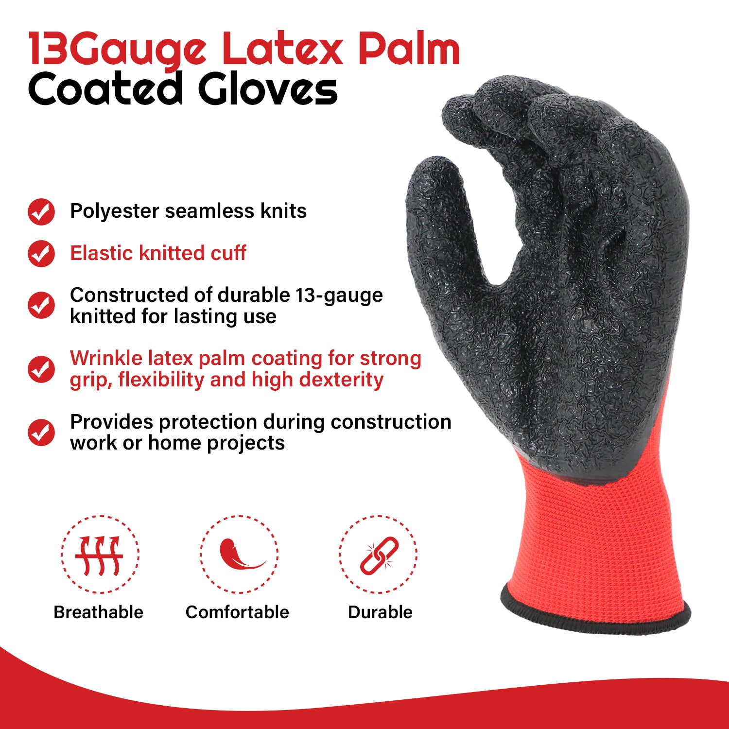 Palm Working Gloves, Latex Rubber Coated Knit with Grip, Durable